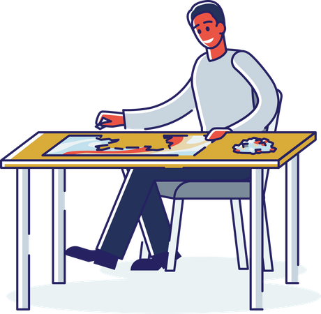 Homme résolvant un puzzle assis à table  Illustration