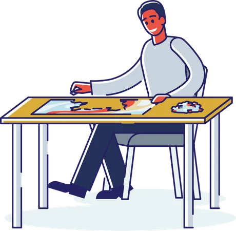 Homme résolvant un puzzle assis à table  Illustration