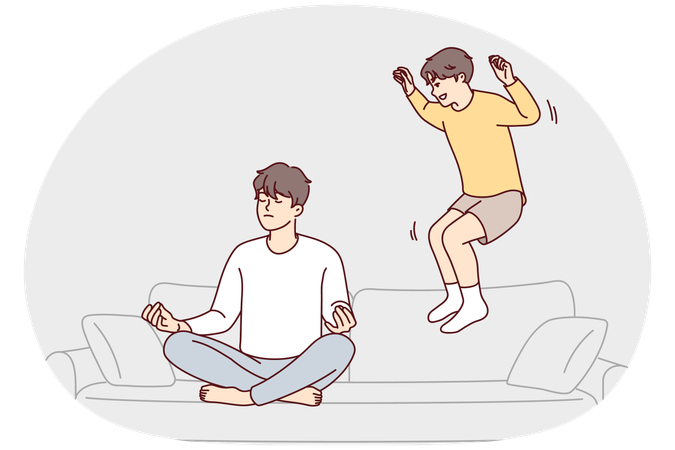 Un homme retenu est assis en tailleur et fait du yoga, ignorant son jeune frère qui saute sur le canapé  Illustration