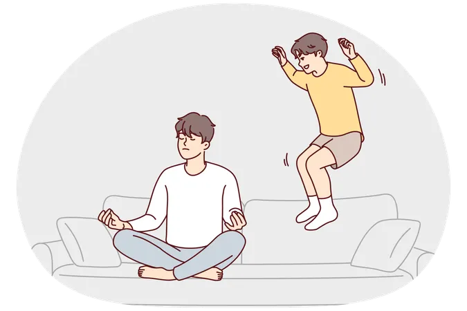 Un homme retenu est assis en tailleur et fait du yoga, ignorant son jeune frère qui saute sur le canapé  Illustration