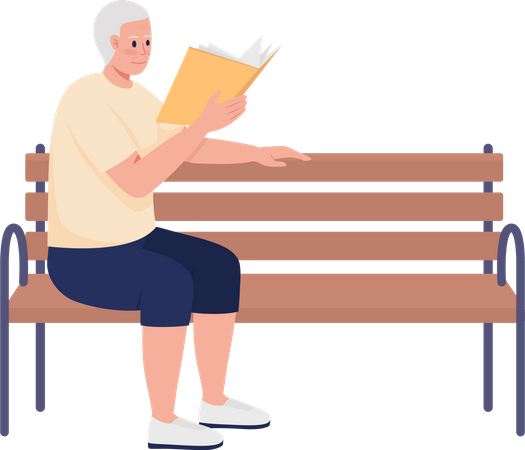 Livre de lecture d'un retraité masculin et assis sur un banc  Illustration