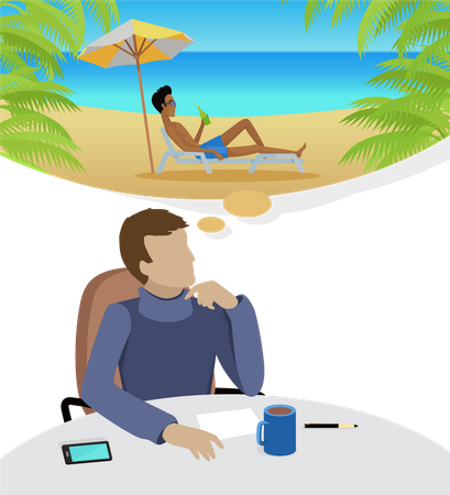 Homme rêvant de vacances sur la plage  Illustration