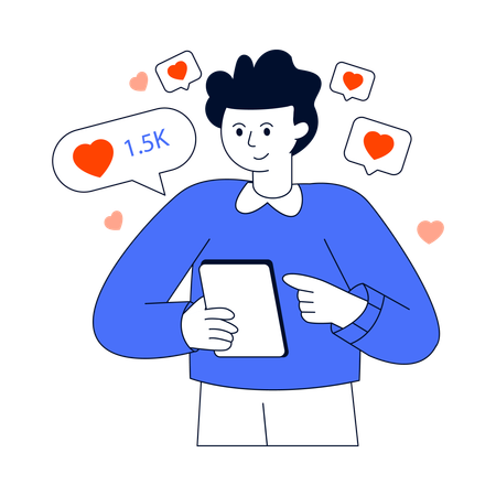 Un homme examine les mentions « J'aime » sur les réseaux sociaux  Illustration