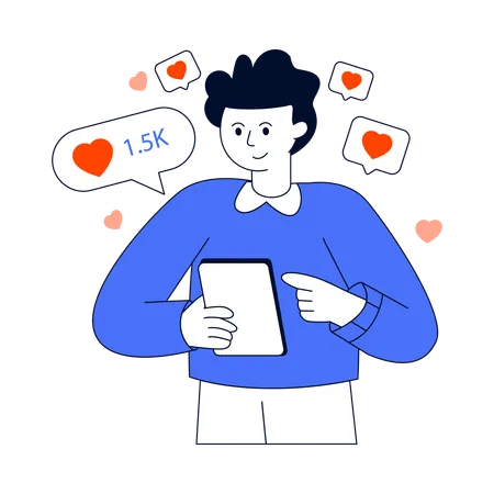 Un homme examine les mentions « J'aime » sur les réseaux sociaux  Illustration