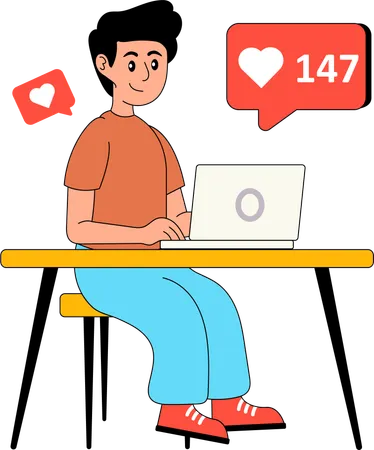 Un homme examine les mentions « J'aime » sur les réseaux sociaux  Illustration