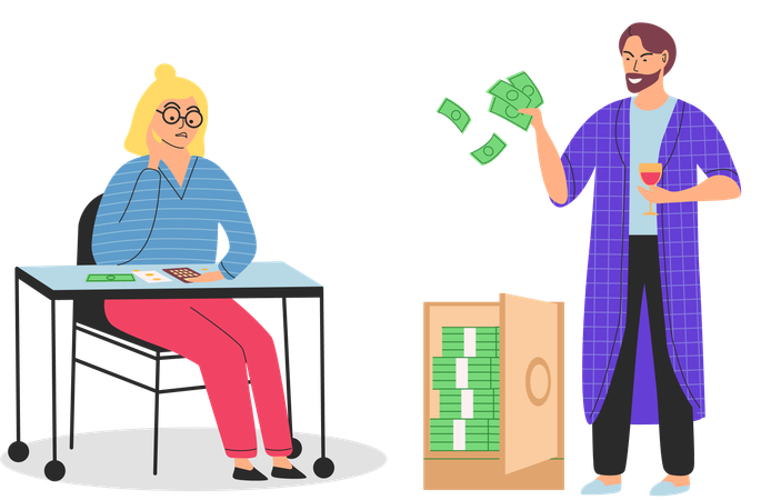 Un homme riche et une femme pauvre comptent leurs économies sur une calculatrice  Illustration