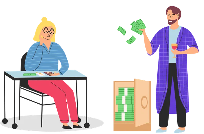 Un homme riche et une femme pauvre comptent leurs économies sur une calculatrice  Illustration