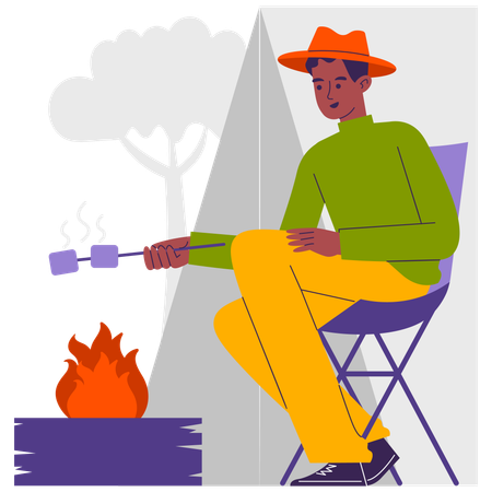 Un homme fait griller des guimauves sur un feu de camp  Illustration