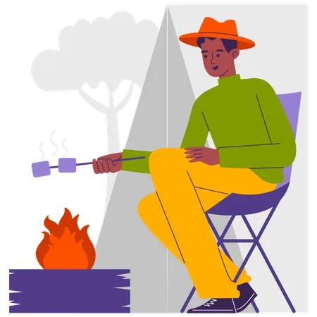 Un homme fait griller des guimauves sur un feu de camp  Illustration