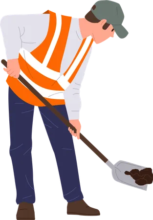 Travailleur routier homme portant un uniforme creusant avec une pelle  Illustration