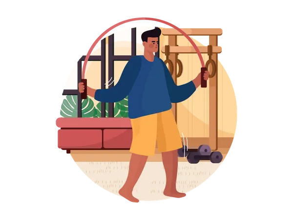 Homme sautant avec une corde à sauter à la maison  Illustration