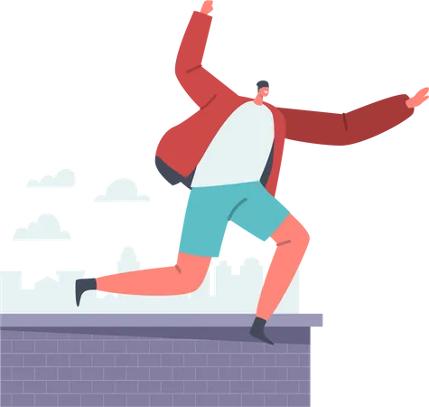 Homme sautant du toit du bâtiment et faisant du parkour  Illustration