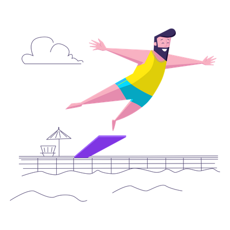 Un homme saute du plongeoir dans la piscine  Illustration