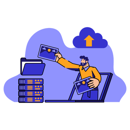 Homme enregistrant des documents sur un serveur cloud  Illustration