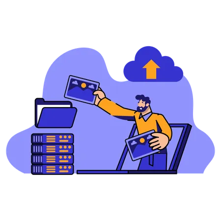 Homme enregistrant des documents sur un serveur cloud  Illustration