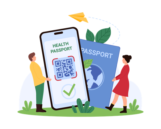 Homme scannant un certificat de passeport de santé avec un code QR  Illustration