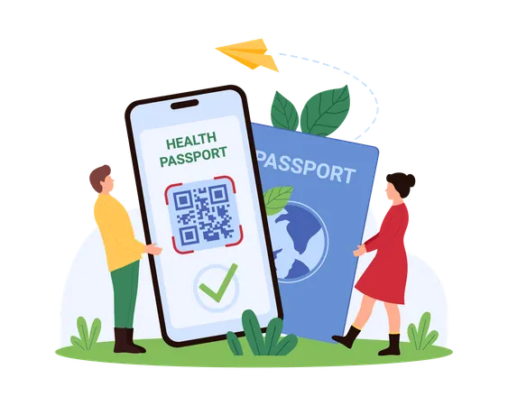 Homme scannant un certificat de passeport de santé avec un code QR  Illustration