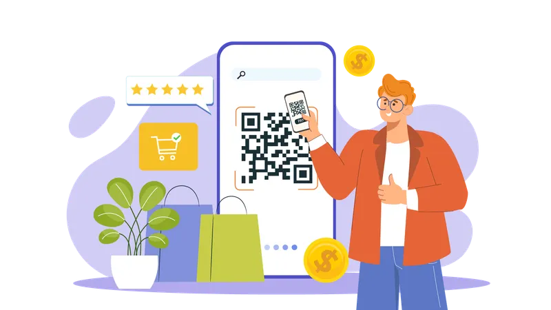 Homme scannant le code QR pour le paiement  Illustration