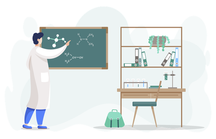 Homme scientifique en laboratoire écrivant sur tableau noir  Illustration