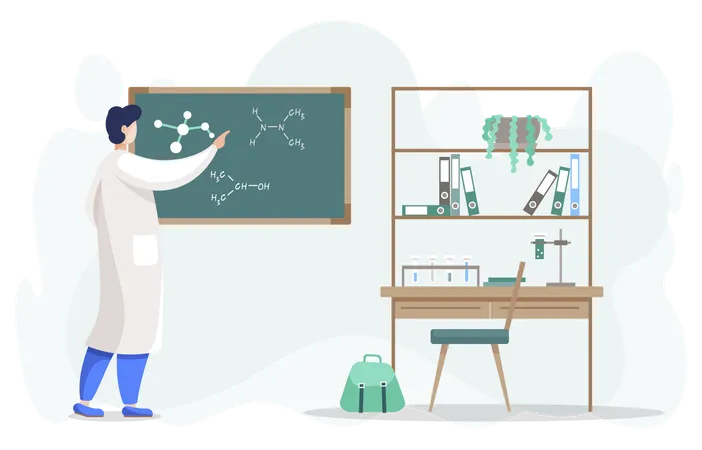 Homme scientifique en laboratoire écrivant sur tableau noir  Illustration