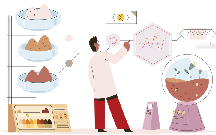 Scientifique masculin mesurant l'analyse du sol  Illustration