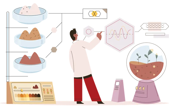 Scientifique masculin mesurant l'analyse du sol  Illustration