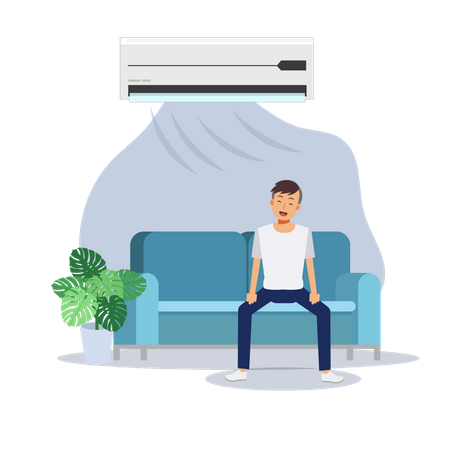 Homme se reposant sur le canapé sous le climatiseur  Illustration