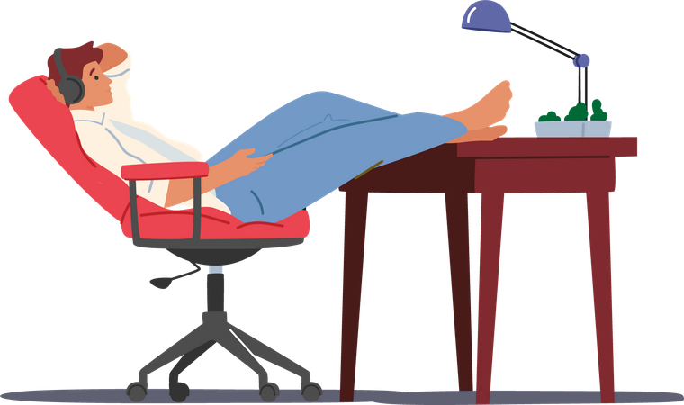 Homme se relaxant tout en portant des écouteurs  Illustration