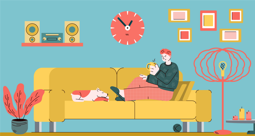 Homme se reposant sur un canapé à la maison avec une tasse de thé et un chien endormi  Illustration