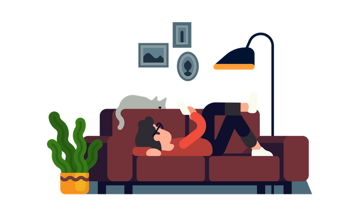 Homme relaxant sur un canapé avec son téléphone  Illustration