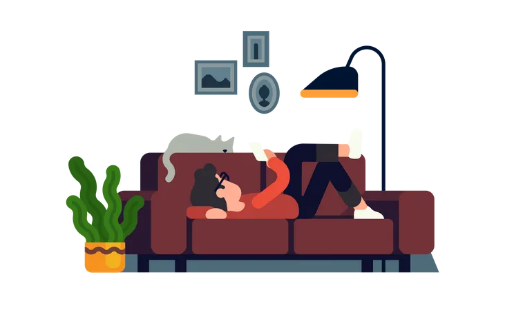 Homme relaxant sur un canapé avec son téléphone  Illustration