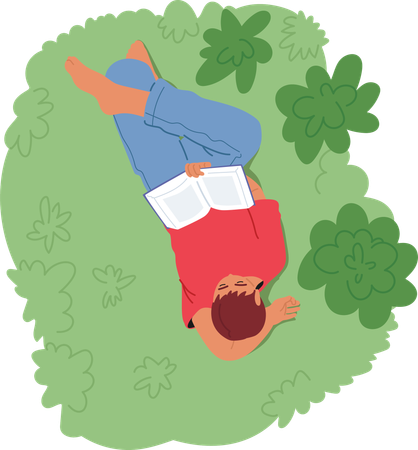 Un homme se détend sur l'herbe verte tout en lisant un livre  Illustration