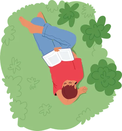 Un homme se détend sur l'herbe verte tout en lisant un livre  Illustration