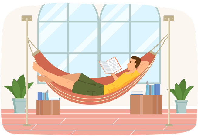 L'homme repose sur un hamac et lit un livre  Illustration