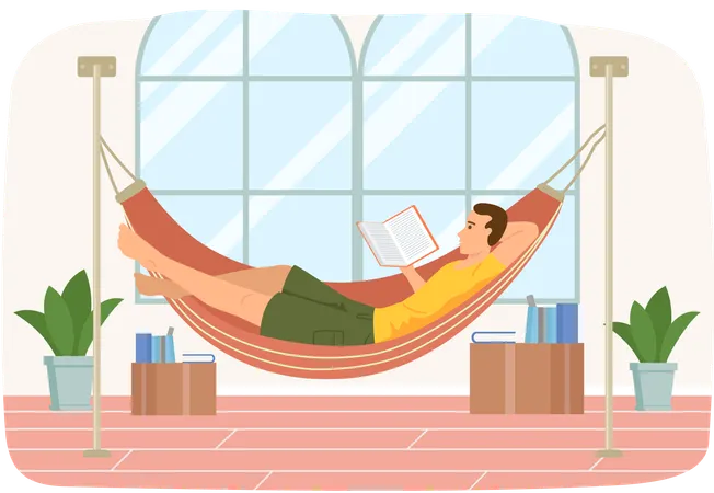 L'homme repose sur un hamac et lit un livre  Illustration