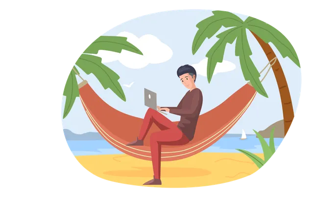 L'homme repose sur un hamac et lit un livre  Illustration