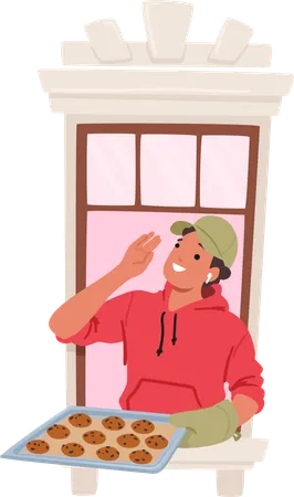 L'homme se tient fièrement près d'une fenêtre avec un plateau à biscuits  Illustration