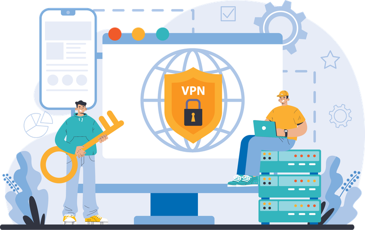 L'homme sécurise ses données via un réseau VPN  Illustration