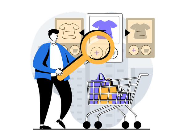 Homme sélectionne un t-shirt sur un site Web commercial  Illustration