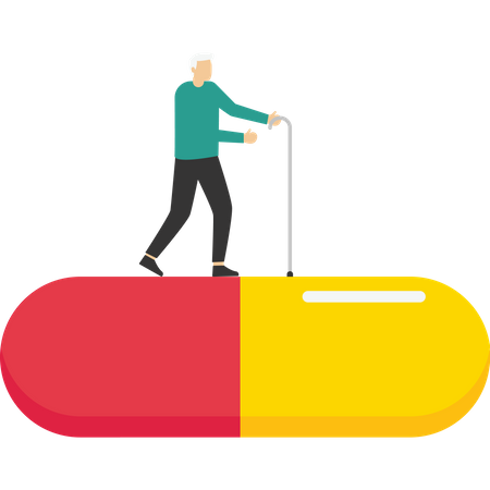 Homme âgé et ses médicaments avec découragement  Illustration