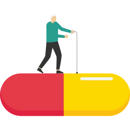 Homme âgé et ses médicaments avec découragement  Illustration