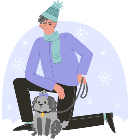 Homme aîné promenant son chien en hiver  Illustration