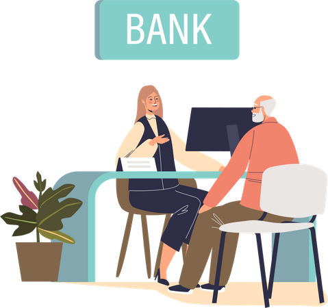 Un homme âgé visite une banque, assis au bureau, discutant avec le responsable du crédit ou l'employé du service des dépôts  Illustration