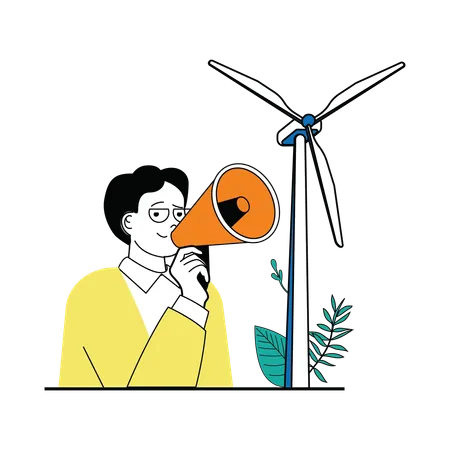 Un homme sensibilise à l’énergie éolienne  Illustration