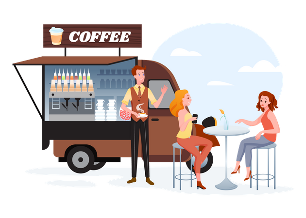 Homme servant du café depuis un camion  Illustration