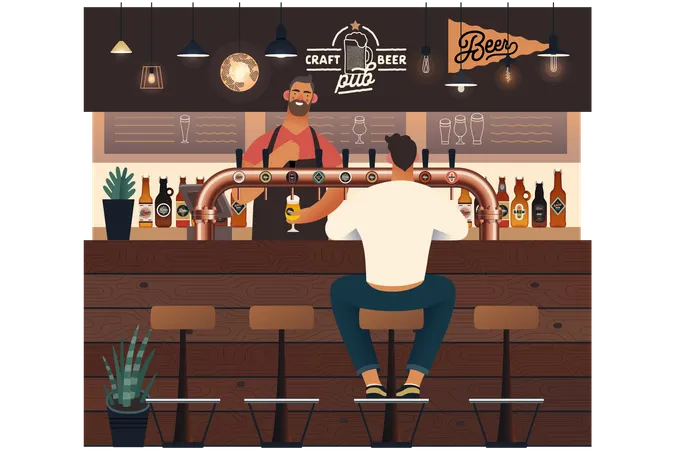 Homme servant de la bière au client dans un pub  Illustration