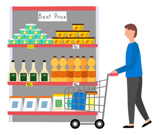 Homme faisant du shopping au supermarché  Illustration