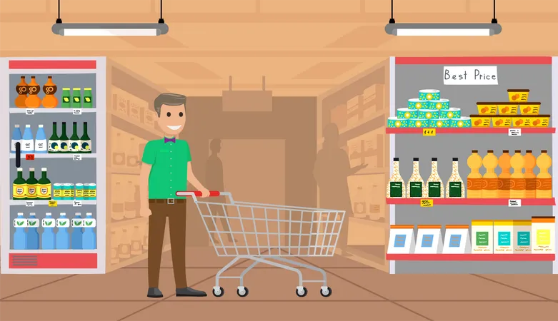 Homme faisant du shopping au supermarché  Illustration