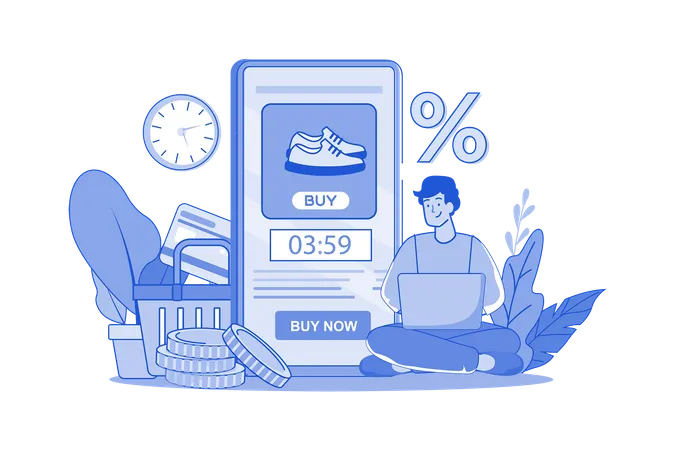 Homme achetant des chaussures en ligne avec une offre à durée limitée avec chronomètre  Illustration