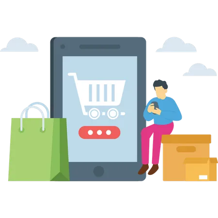 Homme faisant du shopping depuis une application de commerce électronique  Illustration